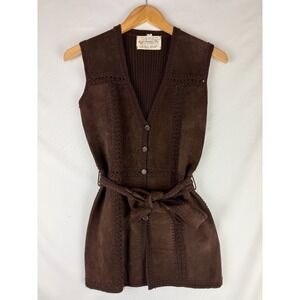 Vintage Retro Patchwork Sweater Bee Women's Suede Leather Belted Vest Brown M
